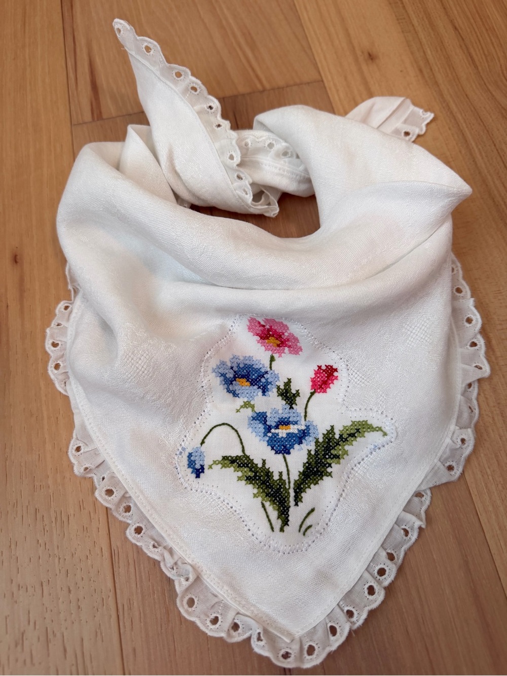 Cottagecore Handmade Bandana Scarf with Vintage Embroidered Flower